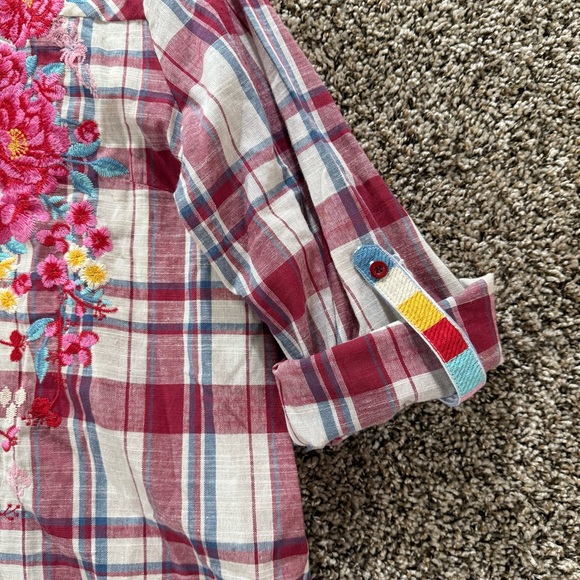 Savanna Jane Women‎ Sz Large Floral Embroidered Plaid Top Blouse roll tab sleeve - Picture 7 of 10